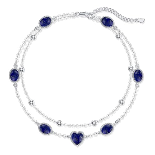 Image of Gemstone Anklet for Women 925 Sterling Silver Gemstone Adjustable Layered Foot Bracelet Jewelry Gifts for Mother Wife