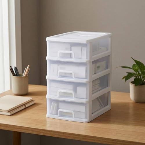 AFXGUSD Desktop Storage Drawer Organizer A4 Paper Holder PP Rectangular Translucent Box Suitable for Office Home Desk Workspace, 3-Layer White Frame With White Transparent Drawers - Image 6