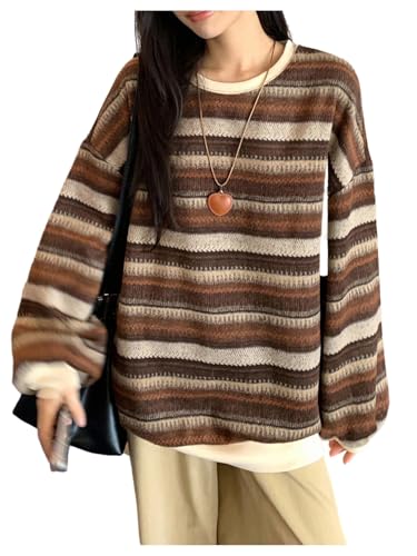 MakeMeChic Women's Winter Christmas Sweaters Grandpa Vintage Striped Oversized Long Sleeve Crew Neck Brown Knit Sweater Coffee Brown B Small
