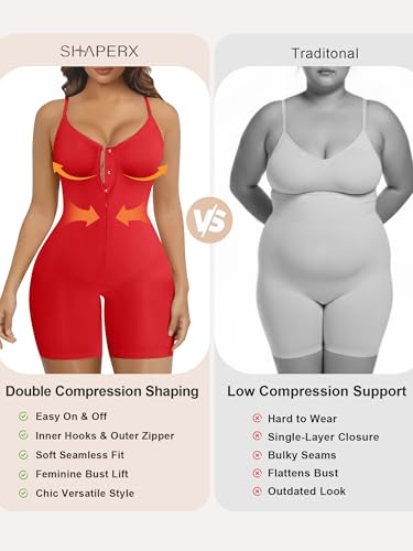 Image of SHAPERX Women's Shapewear Bodysuit Tummy Control Seamless Zip-Up Body Shaper Waist Defining Silhouette