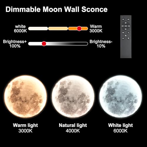 Image of Battery Operated Moon Wall Sconces 12 inch 3 Color Dimmable Rechargeable Moon Wall Light with Remote Control Black Moon Wall Lamp Indoor Wall Mounted Lighting for Living Room Bedroom