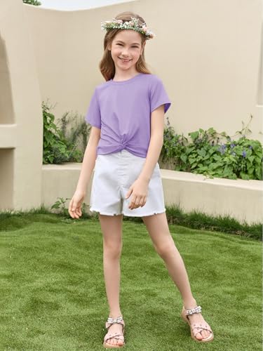 Image of Haloumoning Girls Short Sleeve T Shirts Kids Summer Twist Front Crop Tops Fashion Tees 5-14 Years