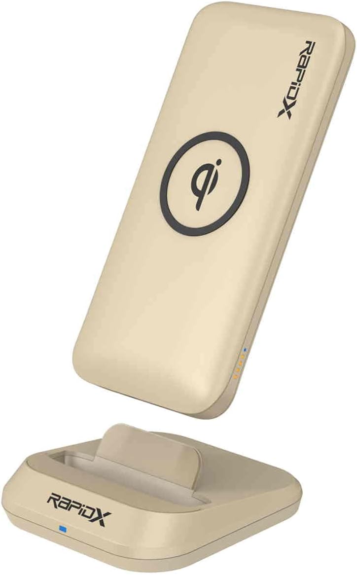 RapidXMyport 10000 mAh Power Bank, 10W Wireless Charging (Qi-Certified) & Charging Stand, 1 USB-C Input/Output (18W), 1 USB Output for iPhone and Android (Warm Silver)