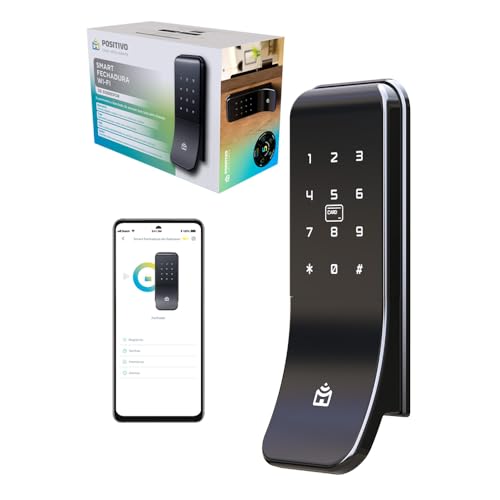Smart Fechadura Digital Wi-Fi de Sobrepor Positivo Casa Inteligente, Abertura por Senha, Biometria, Tag, Chave e Aplicativo, Fechamento Automático – Preta