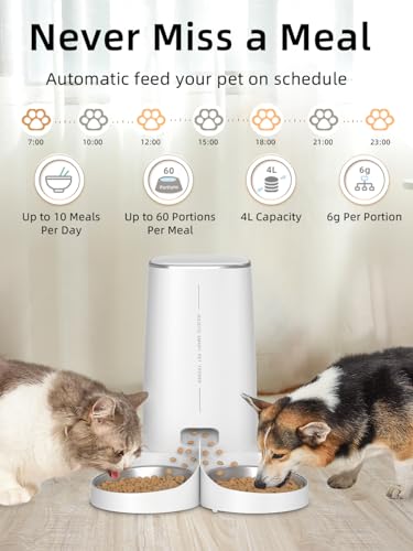 ROJECO Automatic Cat Feeders for 2 Cats, 4L Cat Food Dispenser with APP Control, Double Stainless Steel Bowls, Dual Power Supply and Low Food Alarms, 2.4GHz Wi-Fi Enabled Pet Feeder for Cats and Dogs ROJECO Automatic Cat Feeders for 2 Cats, 4L Cat Food Dispenser with APP Control, Double Stainless Steel Bowls, Dual Power Supply and Low Food Alarms, 2.4GHz Wi-Fi Enabled Pet Feeder for Cats and Dogs