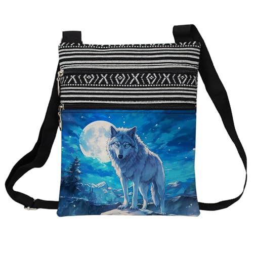 Moon Wolf Messenger Bag - Small Ethnic Pattern Printed Adjustable Strap Crossbody Zipper Phone Bag Wallet Cute Shoulder Handbag for Women