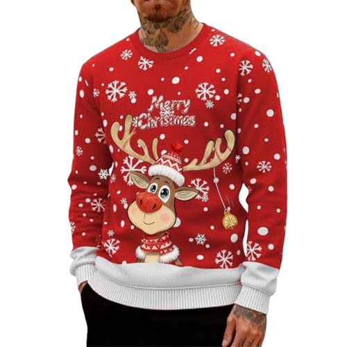 Sudadera Navidad para Hombre Suéter Sudaderas Navideñas Reno Manga Larga Pullover Sudaderas Informales Punto con Cuello Redondo Cómodo para Navidad Ropa Festiva