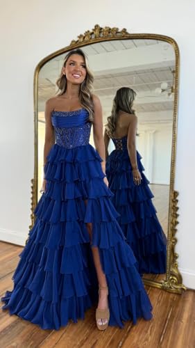 Prom Dresses for Women Sparkly Sequins Tiered Chiffon Formal Dress with Slit Strapless He50952
