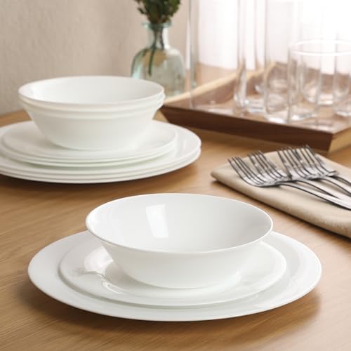 Gibson Home Vanilla Hills 12-Piece Opal Glass Dinnerware Set, Service for 4 – Includes 10" Dinner Plates, 8.5" Salad Plates & Bowls – Microwave Safe, Dishwasher Safe, Chip Resistant – White, Round by Gibson Home - Image 6