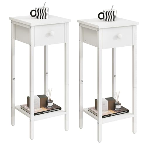 IBUYKE Juego de 2 mesitas de noche delgadas, mesita de noche estrecha con cajón, mesa de teléfono para espacios pequeños, 25 x 25 x 70 cm, mesa auxiliar lateral pequeña para dormitorio, sala de estar