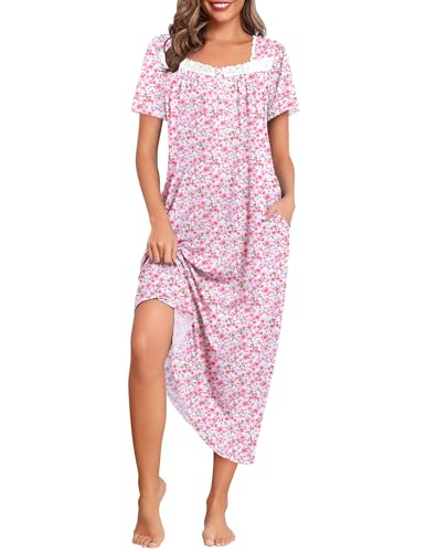 Image of Ekouaer Long Nightgowns for Women Short Sleeve House Dress with Pockets | Soft Vintage Victorian Sleepdress Moo Moo Nightgown Pleated Front Button Sleepwear Mumu Dress Loungwear Lace Nightdress
