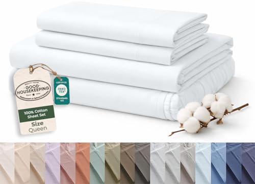 Image of Royale Linens 100% Organic Cotton Queen Sheet Set - 16 inch Deep Pocket Bed Sheets - Eco Friendly White Bed Sheets - Sabanas Queen - 1 Flat, 1 Fitted & 2 Pillowcase - White Sheet Set - Cotton Bedding Sets