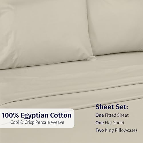 Image of California Design Den Certified 100% Egyptian Cotton Sheets California King Size Set - Lightweight Percale California King Sheet Set with Deep Pockets, Crisp & Durable Luxury Bedding Set - Beige