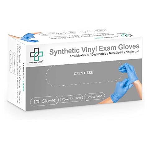 London Labs Disposable Blue Vinyl Gloves, Powder Free, Large, 100 Count Cover