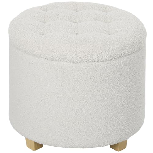 HOMCOM Puff Almacenaje, Baúl de Almacenaje Redondo 40,5L, 45x45x41 cm, Tapizado en Borreguillo, Taburete Reposapiés con Patas de Madera, Asiento Acolchado, para Salón, Dormitorio, Entrada, Blanco