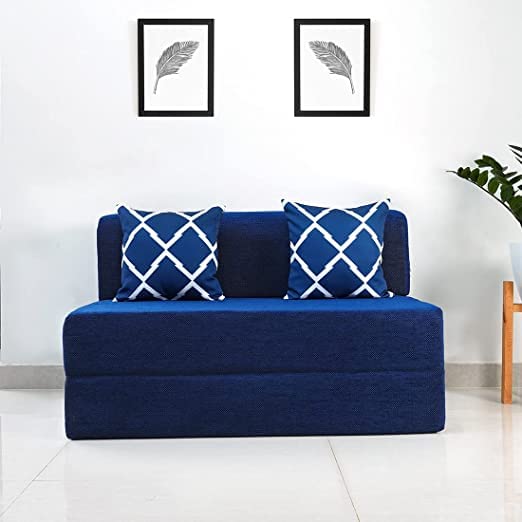 WELCO HOME DECOR.Two Seater Sofa Cum Bed - Perfect for Guests - Chennile Fabric Washable Cover with 2 Cushions(Arrow Pattern) - Dotted Blue | 4' X 6' Feet