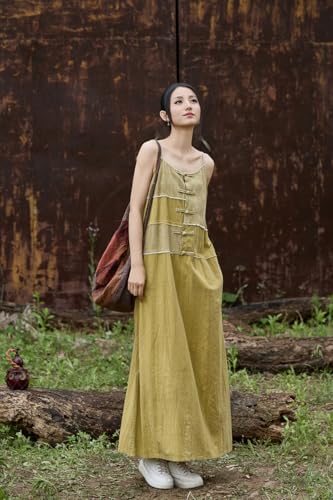 Women's linen patchwork handmade buckle long skirt fashion suspender skirt 2025 summer (US, Alpha, One Size, Regular, Regular, Yellow)2