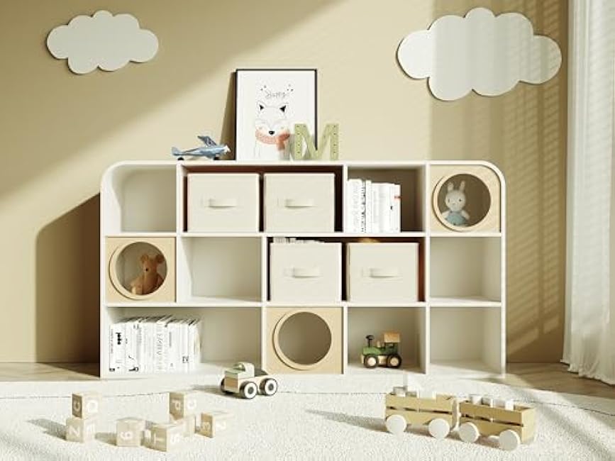 3 Pack Fabric Storage Bins for Shelves | 14? L*10? W*8? H Closet Storage Bins | Collapsible Closet Organizers for Clothes | Linen Clothes Bins | White & Ivory