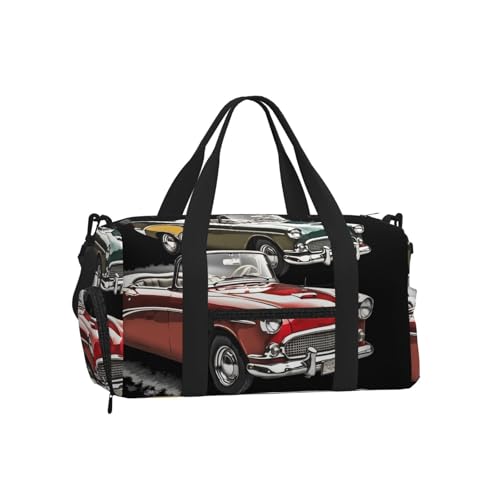 Classic Car Roadsters Old Fashioned Sports Gym Bag for Women Men with Shoe Compartment Travel Duffel Bag Tote Weekender Bag Carry on Overnight Bag for Travel Swimming Fitness Sports Workout Bag