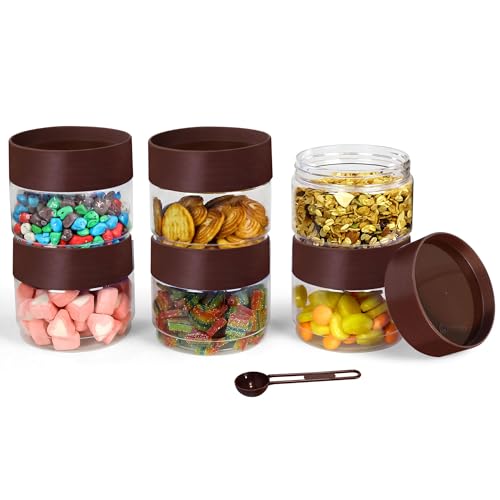 Image of PEARLPET Modedge Plastic Jar Airtight Stackable Container for Kitchen Storage with Spoon, Set of 6 Pieces, Brown, 500 ML