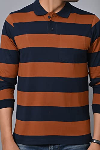 Image of ARBOUR Men Polo Neck Stripes Pocket Full Sleeves T-Shirt