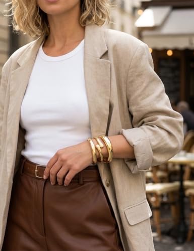 Image of Chunky Gold Bangle Bracelets for Women, Dainty 14k Gold Plated Big Stackable Bangles Set, Trendy Statement Cuff Bracelet Stack Fashion Jewelry Gifts