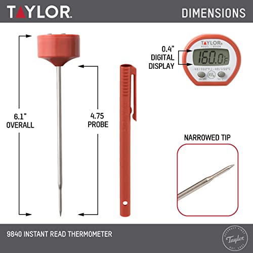 Image of Taylor Instant Read Digital Meat Food Grill BBQ Cooking Kitchen Thermometer, Comes with Pocket Sleeve Clip, Red