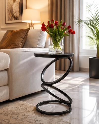 Image of Modern Black Side Table with Glass Top, Round End Table for Living Room & Bedroom