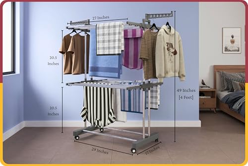 Image of Amiraj Premium Stainless Steel Clothes Drying Stand | 2 Tier 2 Pole Foldable Laundry Rack with Wheels & Sock Holder | Heavy Duty Indoor & Outdoor Cloth Dryer for Balcony, Terrace & Home - Gray