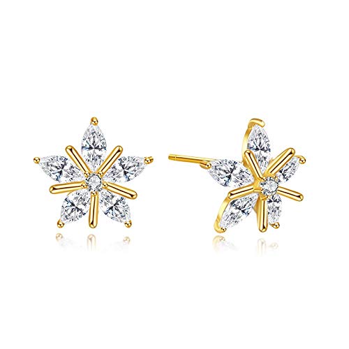 Fine FacetsS925 Sterling Silver Marquise Cubic Zirconia Flower-Shape Star Burst 14KT Yellow Gold Plated Stud Earrings for Women Jewellery Honest Mantra SE172-G, Sterling Silver