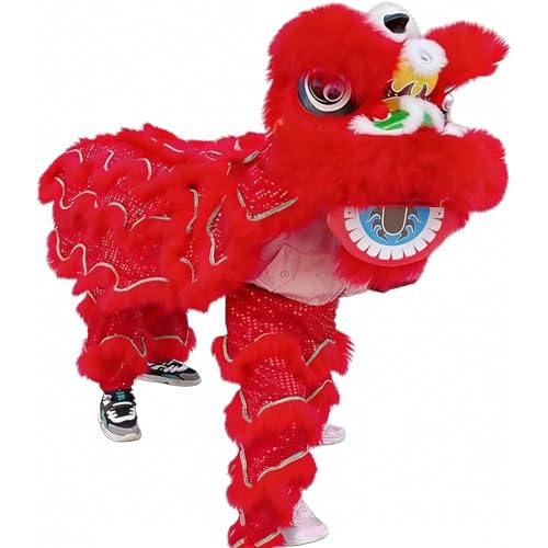 Quepiem Double Lion Dance Mascot Costume Traditional Chinese Lion Dance Head with Tail and Pants for 15+ Age Teens Party Performance Costume Suit(Red)
