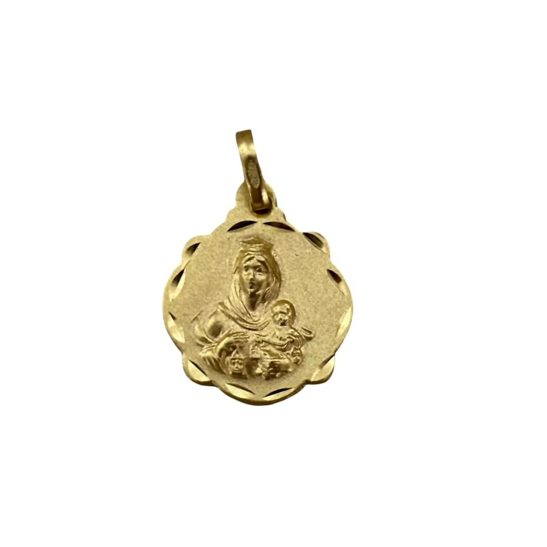 Medalla Escapulario Virgen del Carmen y Sagrado Corazón de Jesús, Plata de Ley 925 Bañada en Oro, Doble Cara con Cerco Tallado, 16x20mm