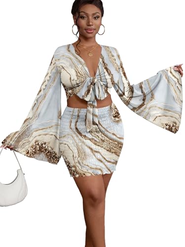 Image of LYANER Women 2 Piece Vacation Outfits Tie Knot Front Bell Long Sleeve Crop Top and Mini Skirt Summer Set