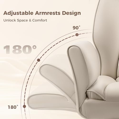 Image of Big and Tall Office Chair, Flip Armrests for Pets & Cross Legged Sitting, Ergonomic Leather Executive Desk Chair with Foot Rest, High-Back Reclining Computer Chairs for Home Office Gaming, Beige