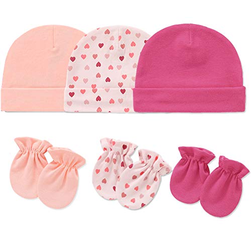 Newborn Girls Hat and Mitten Set - Baby Soft Cotton Hospital Hat with Scratch Mitten Set for Girls(Red&Pink&Heart)