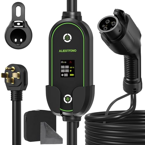 ALIESTFDNO Portable Level 2 EV Charger, 40A, 220-240V, with 25ft Charge Cable and NEMA 14-50 Plug, Adjustable Current/Delay Charging for Electric Car Charger