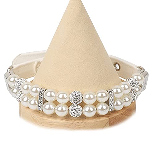 Image of HOWWFALY Dog Cat Pearl Collars with Crystal Rhinestone PU Leather Collars Necklace Adjustable CollarDog Chain Cat White Pearl Pet Collar (White, Medium)