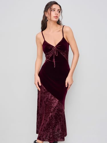 CIDER Velvet Dress Floral Cut Out Sleeveless Cocktail Party V Neck Knotted Velvet Midi Dress3