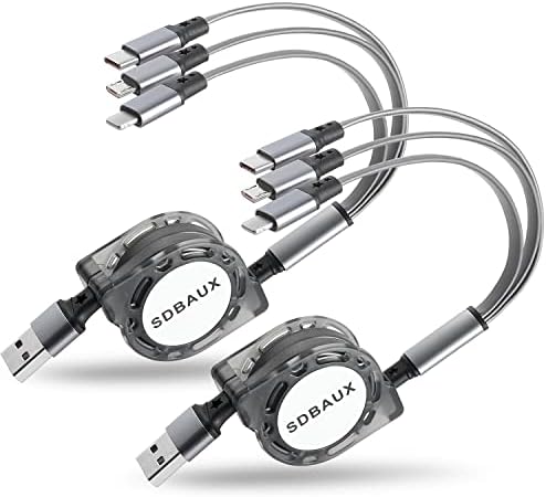 SDBAUX 2Pack Multi USB Charger Cable Retractable 3 in 1 Multiple Charging Cord Adapter with Mini Type C Micro USB Port Connectors Compatible with Cell Phones Tablets Universal Use (3.3ft/Gray)