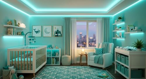 Image of Teal 10 Foot Led Lights Strip Indoor Rope Lights Easy DIY Cuttable Strip Lights for Room Bathroom Living Room Kitchen Ceiling Wall Vanity Mirror Decor