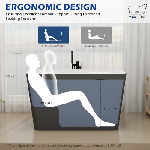 Image of 47 inch Lucite Acrylic Freestanding Bathtub，Square Shape Janpanese Soaking Tub with Seat Desgin,Toe-tap Chrome Right Drain, Slotted Overflow, cUPC Certified, 37 Gray