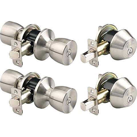 BRINKS - Bell Style Keyed Entry Door Knob and Single Cylinder Deadbolt Set, 2-Pack - Keyed Alike, Satin Nickel Cover