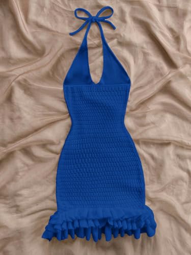 Image of GORGLITTER Women's Vacation Outfit Crochet Halter Knit Bubble Mini Dress Sexy Beach Cruise Summer Miami Resort Outfits