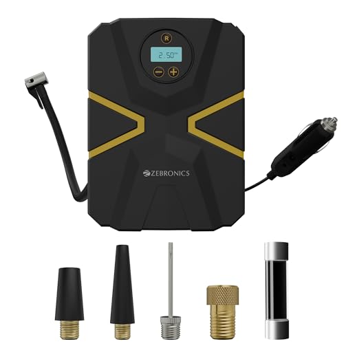 Image of Zebronics Wired Tyre Inflator, 150 PSI, 12V Car Port Adapter, 3m Cable, Digital Display, Accessory Storage, Flashlight, Multiple Nozzles, for Car, Bike, Bicycle, Sports Balls (22TIW)