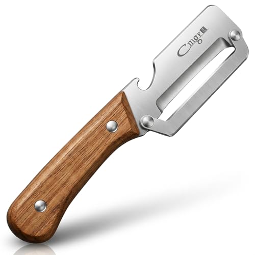 Image of Kitchen Peeler with Bottle Opener - Ergonomic Non-Slip Wooden Handle, Sharp Stainless Steel Blade, 2 in 1 Smooth Glide Vegetable and Fruit Peeler for Home, Camping & Gift Giving