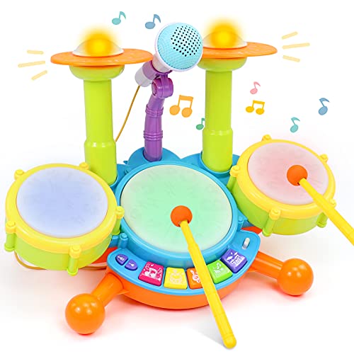 TONZE Drum Set Toddler Musical Instruments Toys for Toddlers 1-3 Year Old Boy Girl,Kids Drum Set with Microphone Light,Baby Activety Center Musical Toys for 1,2,3,4,5 Year Old