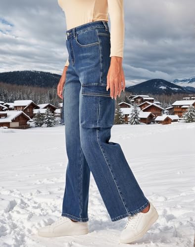 Women's Fleece Lined Jeans Winter Casual Multi Pockets Flannel Lined Jean Cargo Denim Pants Thermal3