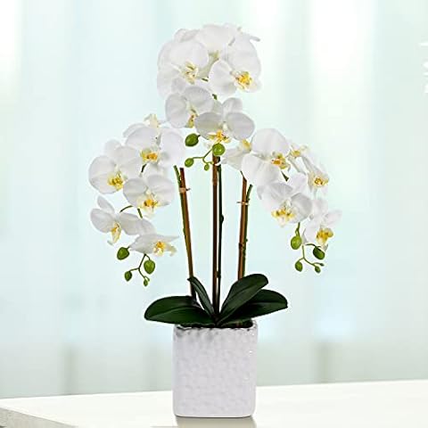 RENATUHOM Artificial Orchid Plant Silk Flowers 22in White Orchid Flower Fake Orchid Artificial Flowers In Vase Artificial Plants Indoor Bedroom Bathroom Kitchen Decor Home Office Table Centrepiece Cover