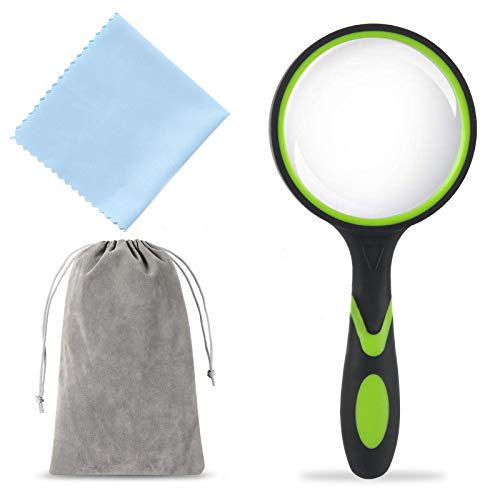 Yexixsr Magnifying Glass 5X Handheld Reading Magnifier for Kids & Seniors, 75mm Magnifying Glass Len with Non-Slip Rubber Handle for Reading and Nature Exploration, With Carry Pouch and Cleaning Cloth