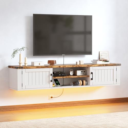 Soporte flotante para TV montado en la pared con toma de corriente y luces LED, estante flotante de 160 cm para debajo de la TV con almacenamiento, centro de entretenimiento de granja para televisores